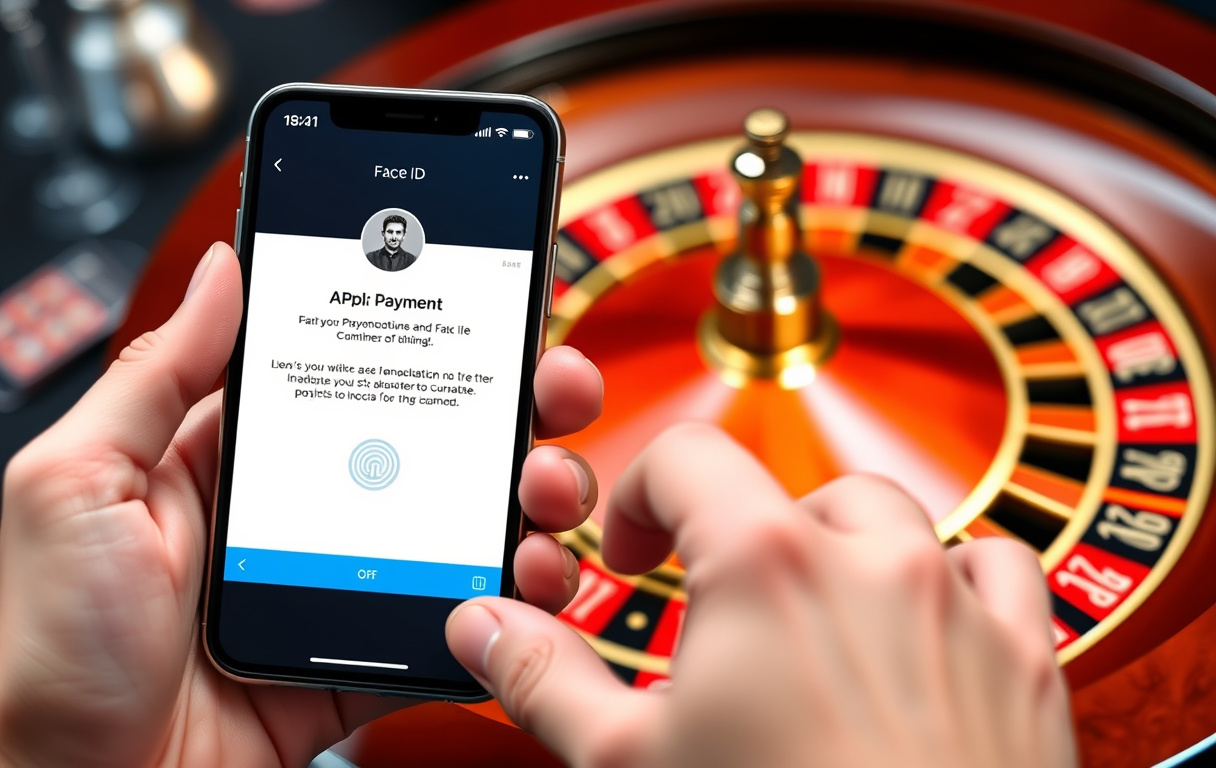 iPhone med Apple Pay betaling på et casino, roulette i bakgrunnen