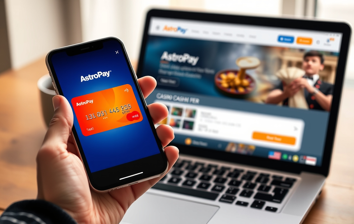 Person som bruker AstroPay-appen på mobil for å sette inn penger på et nettcasino.