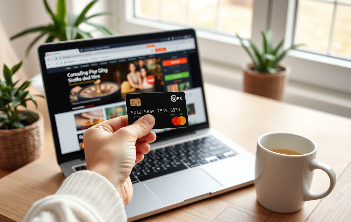 En person holder et Mastercard debetkort foran en bærbar PC med et casino nettsted åpent, kaffekopp ved siden av, koselig norsk hjem.