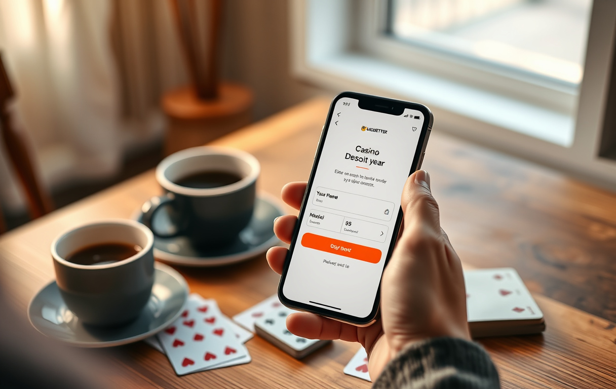 Mobiltelefon med Muchbetter-app og casinoinnskudd, kaffekopp og spillkort på bordet.
