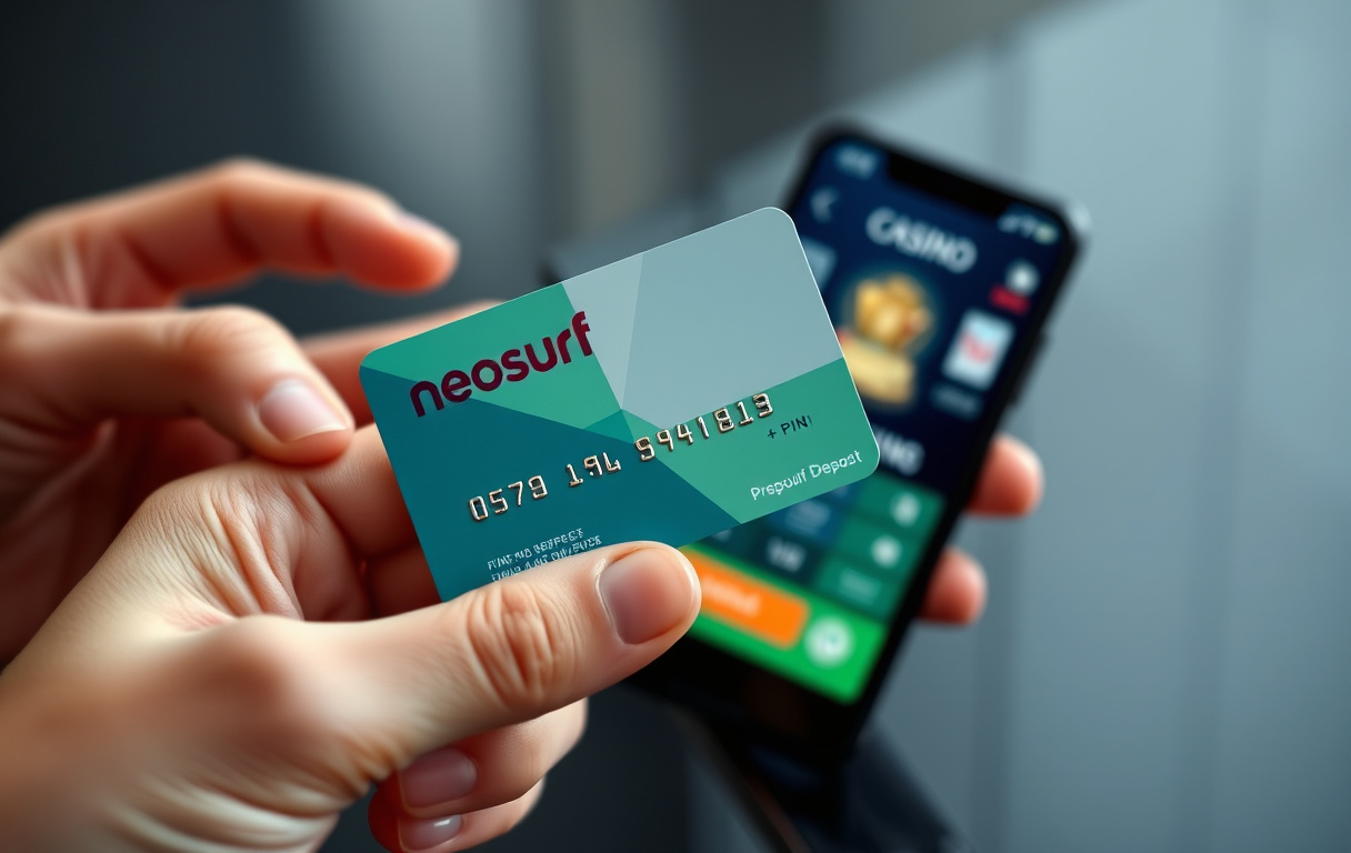 Hender som holder et Neosurf-kort og en mobiltelefon med casinoinnskudd på skjermen.