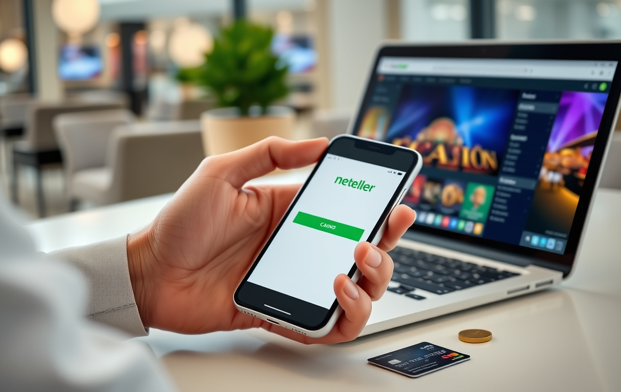 Person som bruker Neteller-appen på mobil ved siden av en laptop med et casino på skjermen