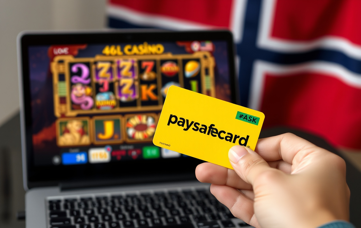 En person som holder et gult Paysafecard foran en laptop med et casinospill på skjermen, norsk flagg i bakgrunnen.