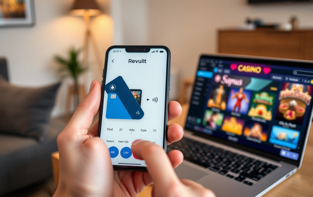Person som holder en mobil med Revolut-appen ved siden av en laptop med et casino – illustrerer hvordan betalingsmetoden fungerer i praksis
