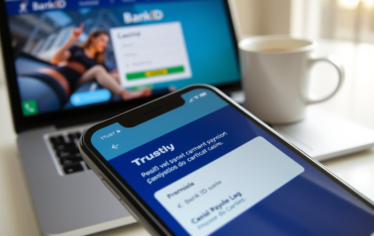 Smarttelefon med Trustly-betaling på casino-nettside, BankID-login i bakgrunnen.