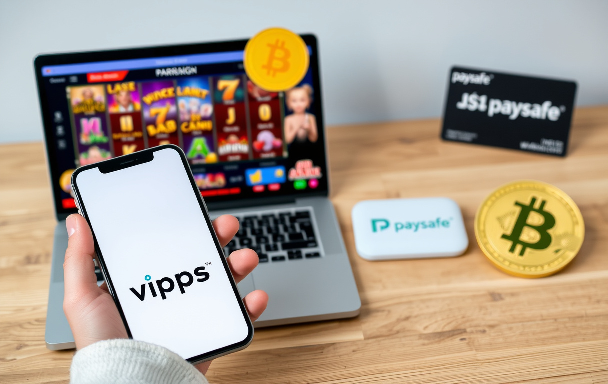 Person med Vipps-appen på mobil og casino på skjerm, med Paysafe-kort og Bitcoin-symboler.