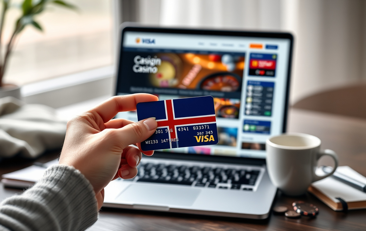 Norsk hånd som holder et Visa debetkort foran en bærbar PC med et casino nettsted åpent på skjermen.