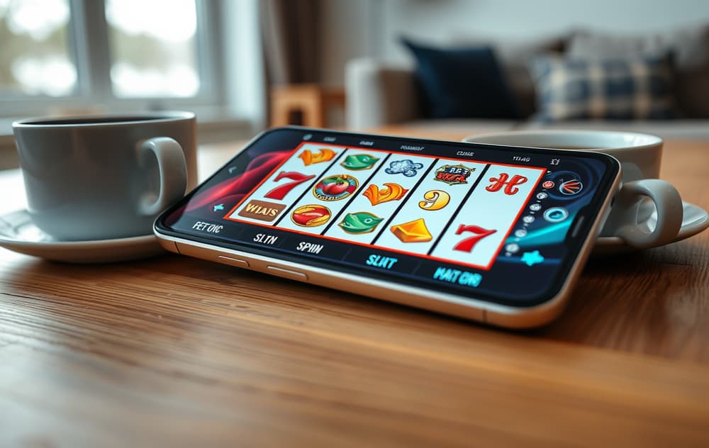 Smarttelefon med slots-spill på bordet i norsk stue