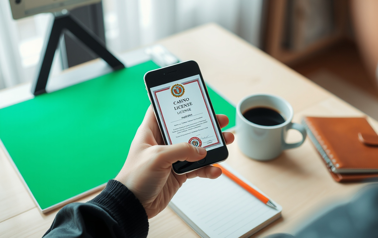 Person som sjekker en casinolisens på mobilen, med notatblokk og kaffekopp på bordet.