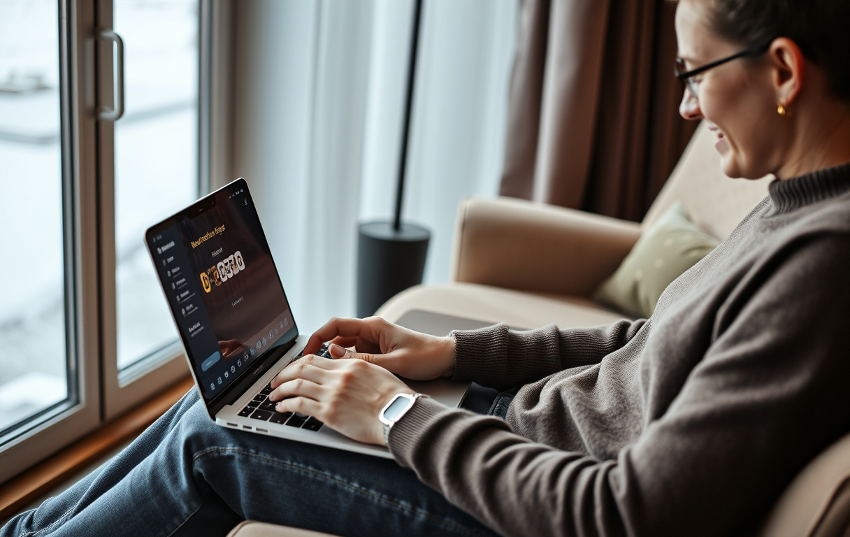 Person som velger casino på laptop med mobil og kaffekopp ved siden av