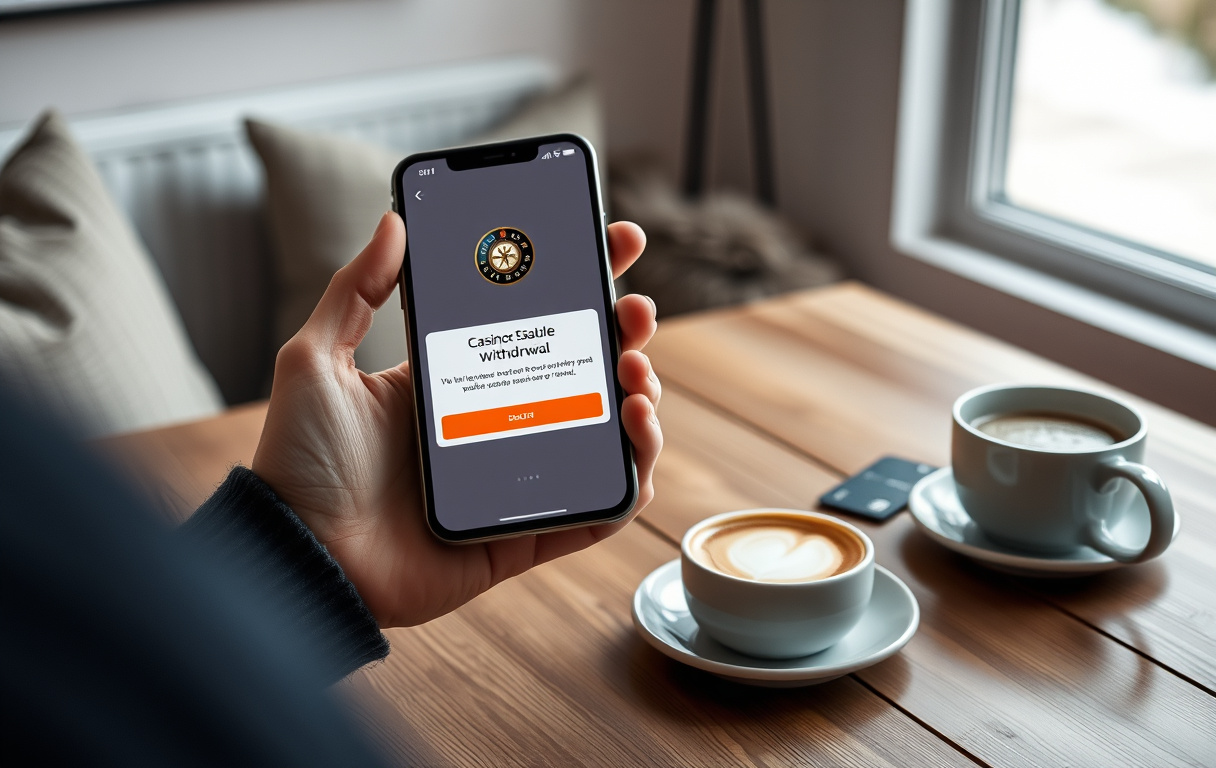 Person som mottar casino-uttak på mobilen, med bankkort og kaffekopp på bordet