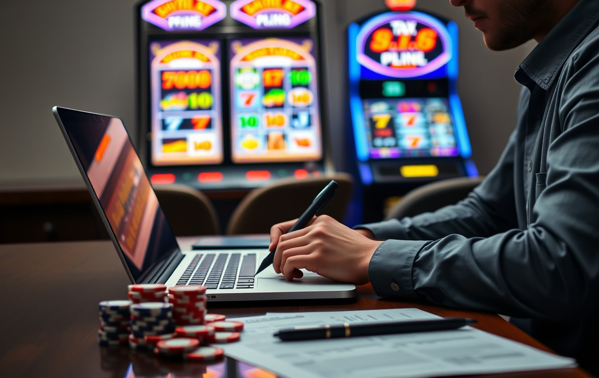 Person fyller ut skattemelding med casino-rekvisita i bakgrunnen