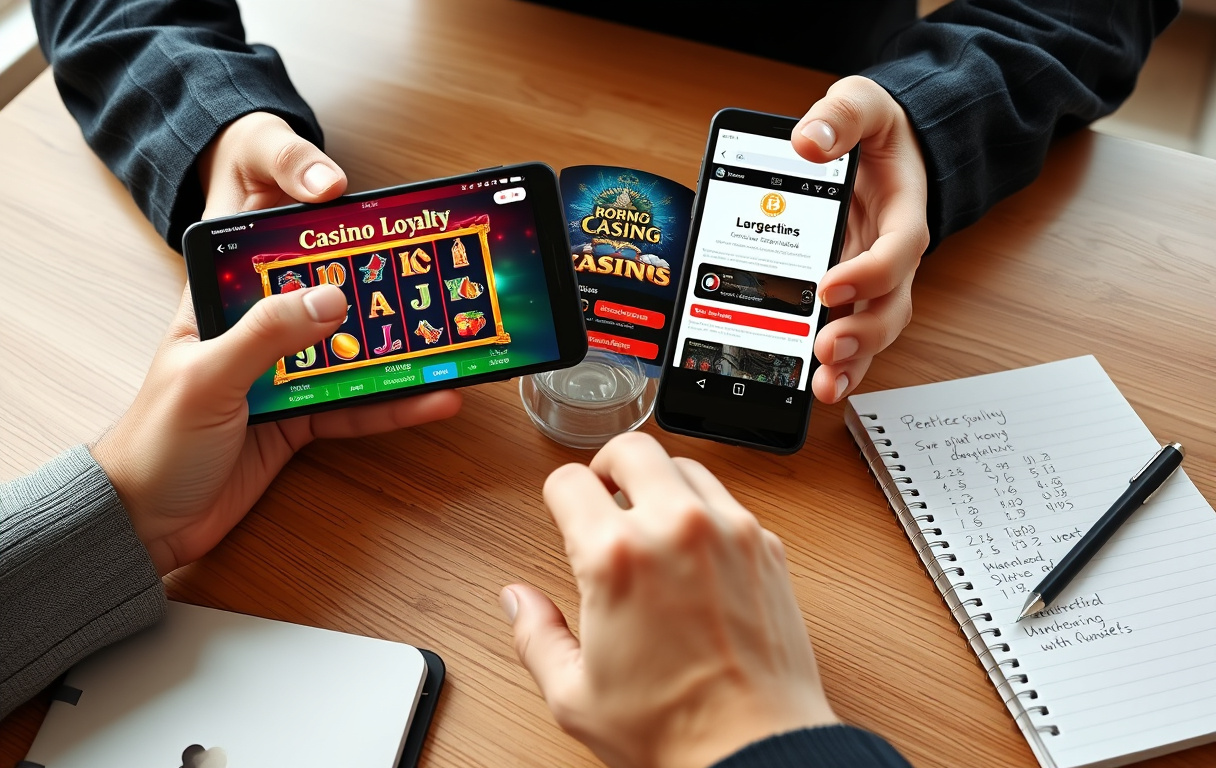 Person som sammenligner casino på to mobiltelefoner med notater og kalkulator på bordet