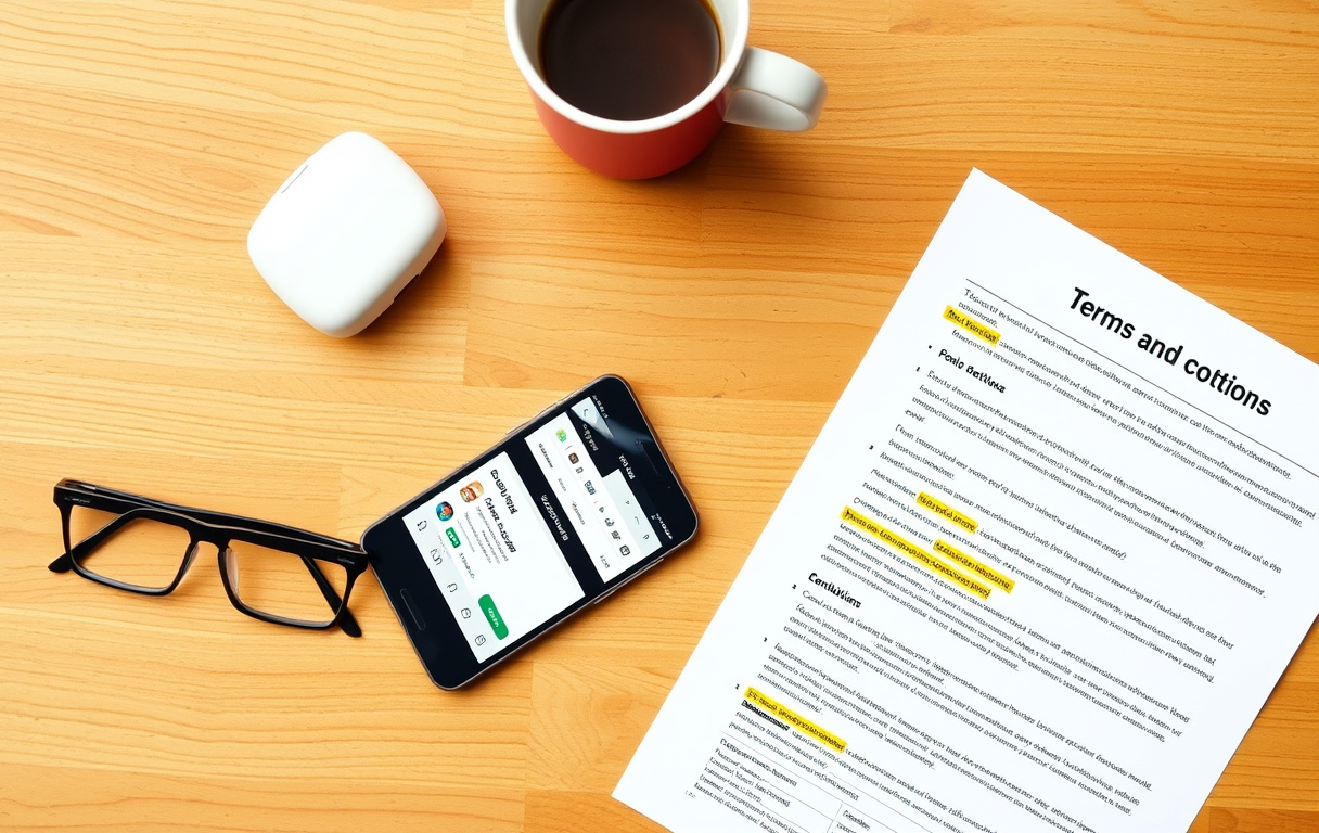 En skrivebordsoppstilling med mobiltelefon som viser en bettingside, ved siden av en kaffekopp, briller og utskrevne bonusvilkår – symbol på grundig sammenligning.