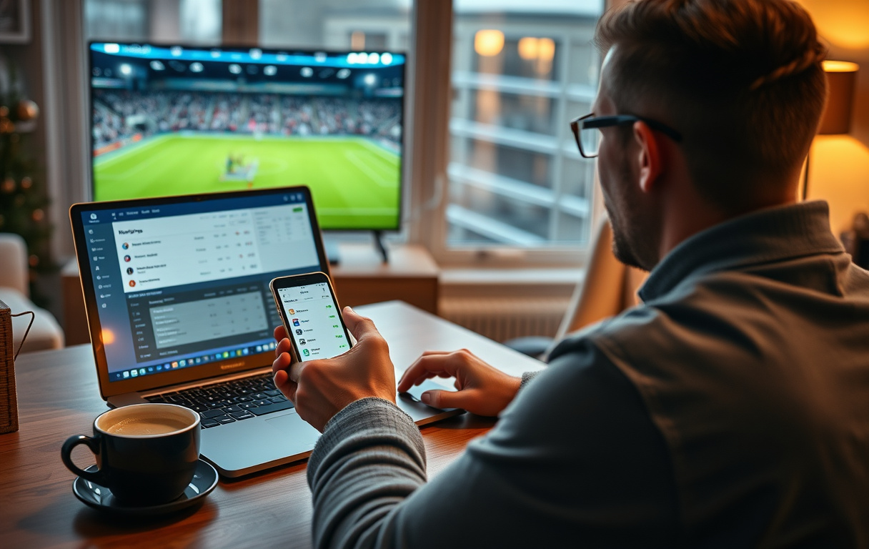 Norsk spiller sammenligner odds på laptop og mobil, med fotballkamp på TV i bakgrunnen
