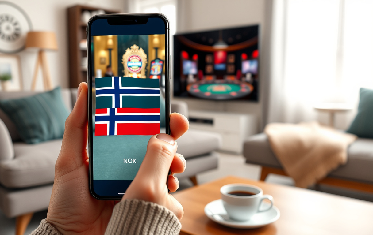 Person som spiller på mobilcasino i stuen, med norsk flagg og NOK på skjermen