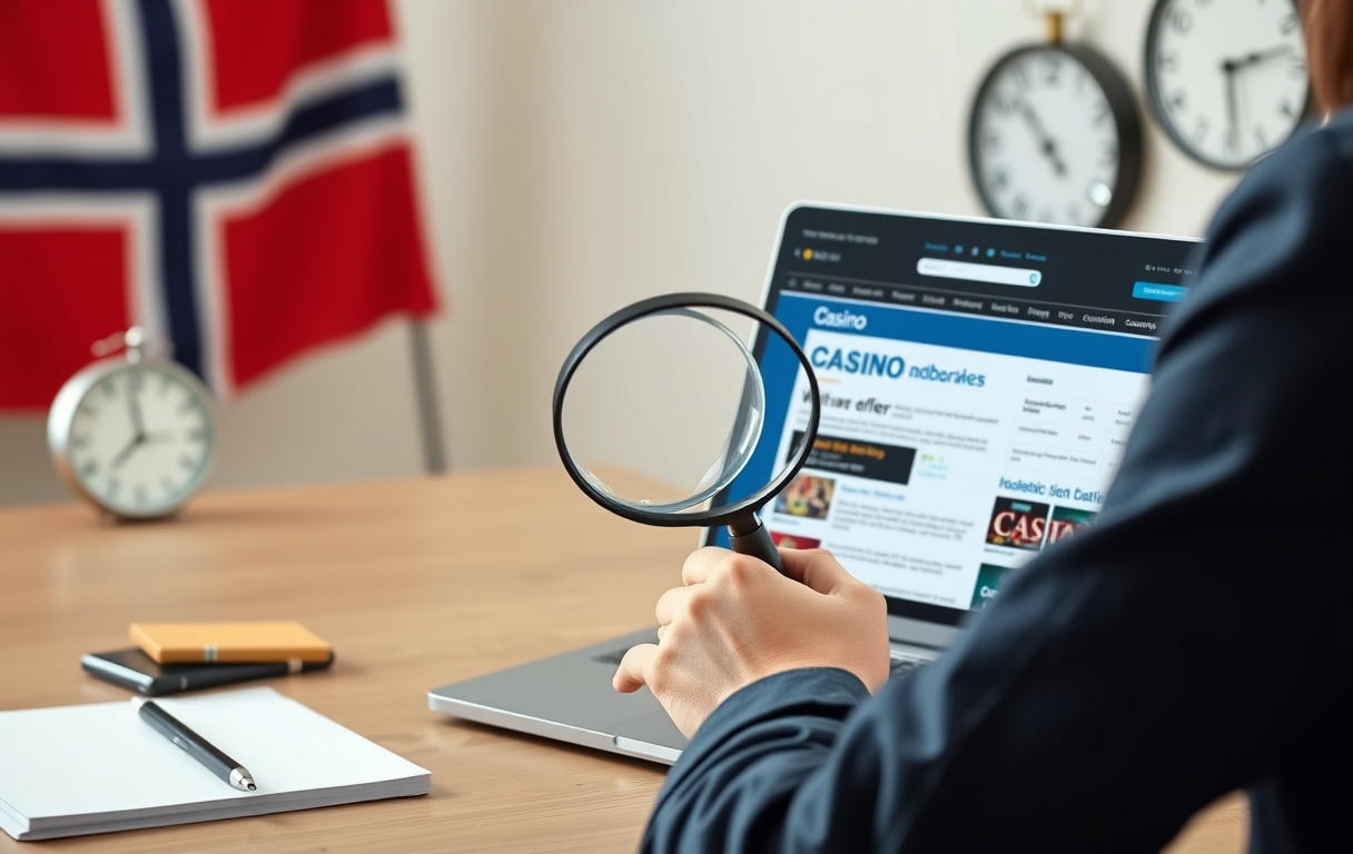 En person som sammenligner to casinoer på en bærbar PC med et forstørrelsesglass over bonusvilkårene
