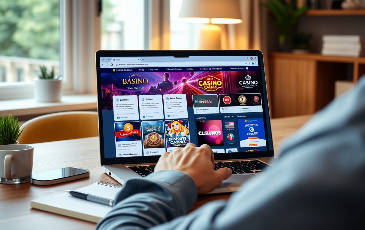 Person som sammenligner utenlandske casino på laptop med notatblokk