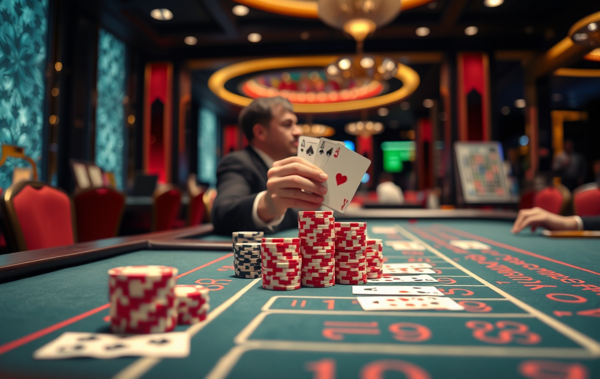 Baccarat-bord med kort og sjetonger i et casino
