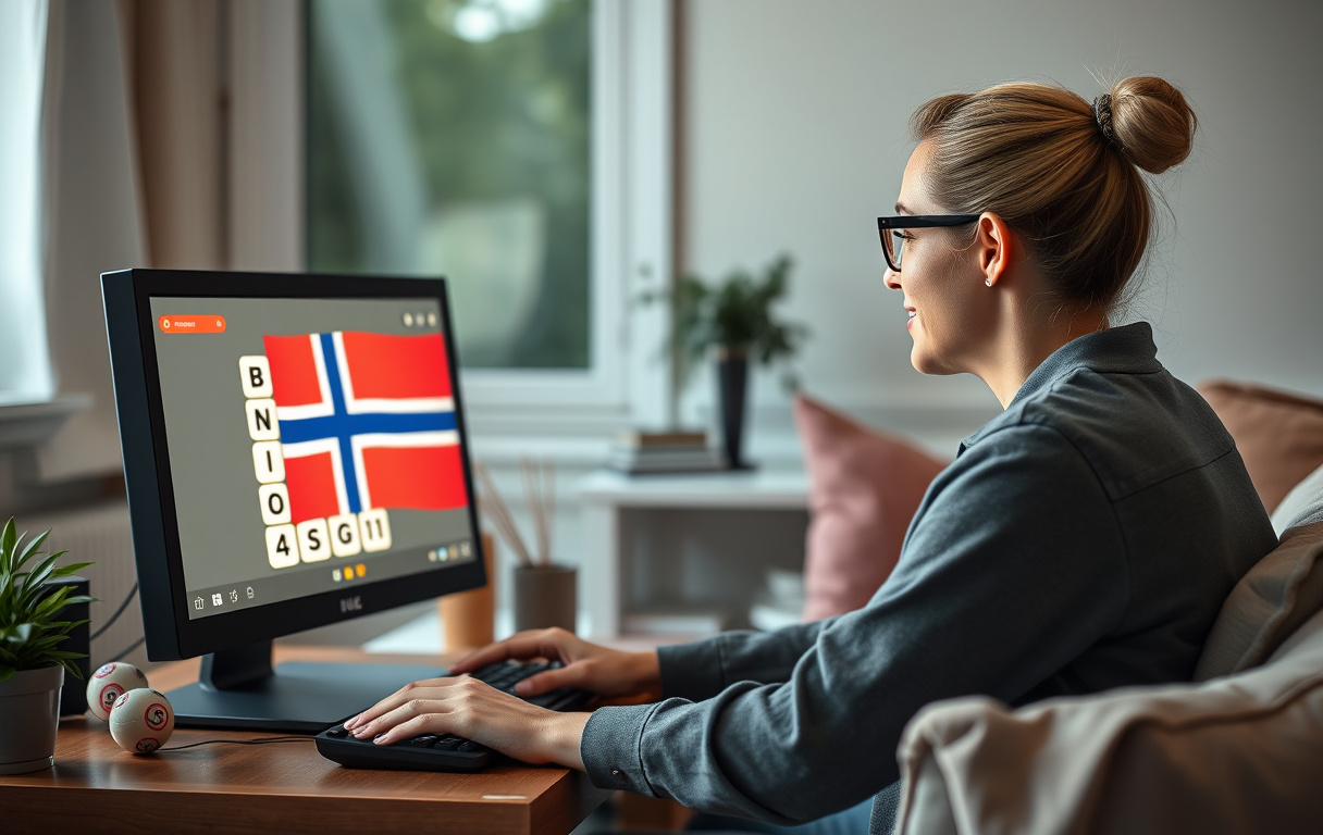 Norsk spiller som deltar i bingo på nett via en bærbar datamaskin.