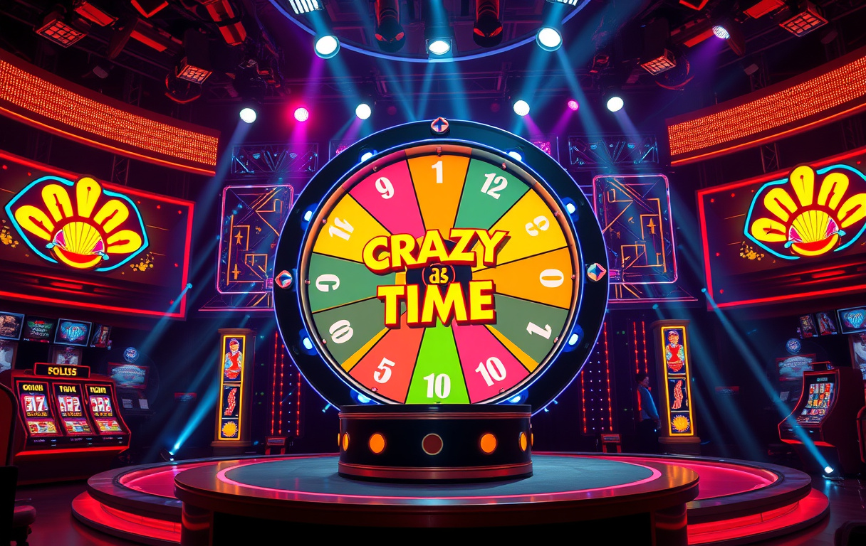 Live studio med Crazy Time-hjulet, vert og neonlys – gameshow-stemning for norske spillere.