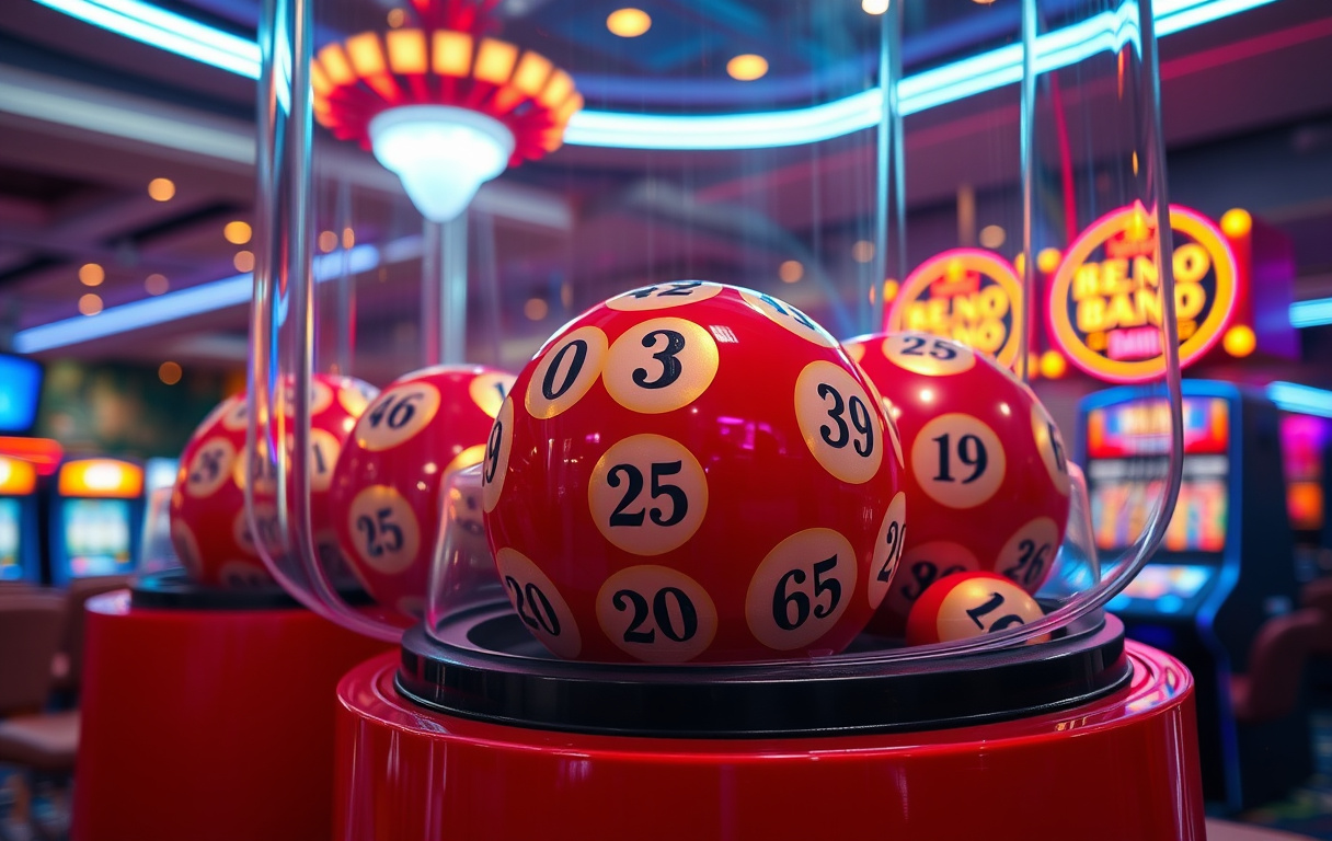 Keno-trekning i casino med røde og gull nummererte baller