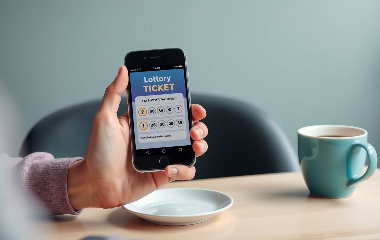 Person som spiller lotto på mobilen med en kopp kaffe på bordet.