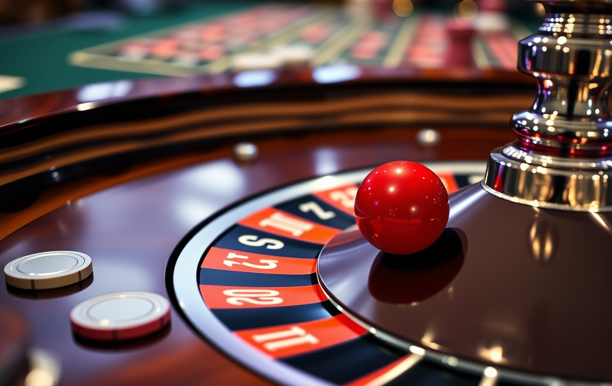 Nærbilde av et europeisk rulett-hjul med ball i rød lomme, sjetonger på bordet, casino-belysning.